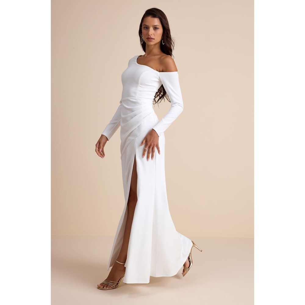 Lulus White One Shoulder Long Sleeve Ruched Maxi Dress with Slit NWT Size XS